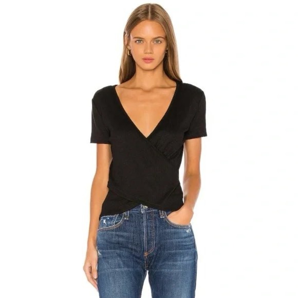 Rag Bone New York‎ Black Wrap Knit Short Sleeve V Neck Top Womens S P